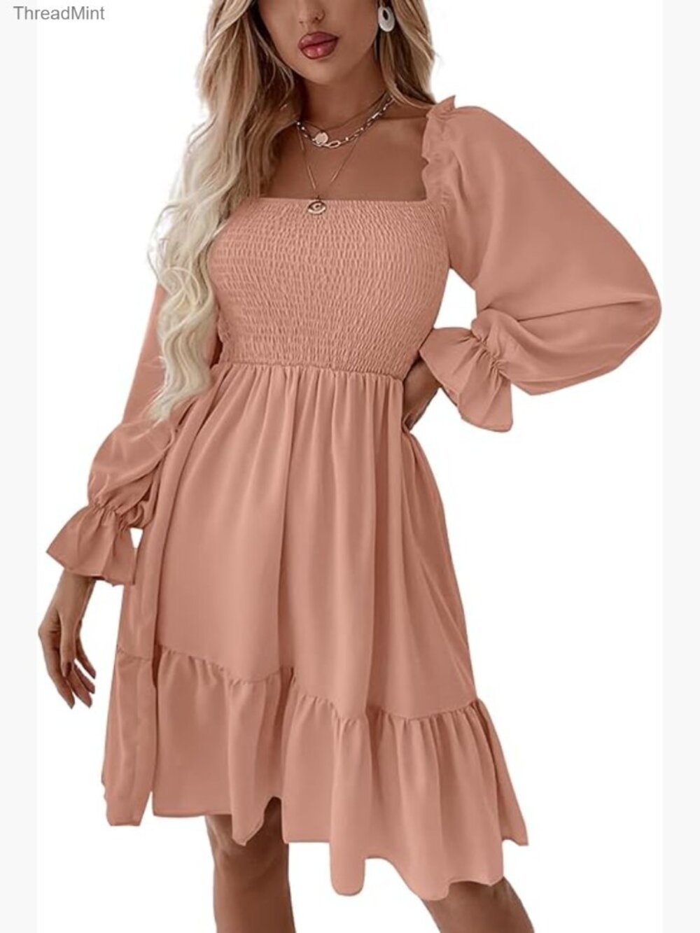 Square Neck Lantern Sleeve Shirred Ruffle A-Line Mini Dress Party Wear